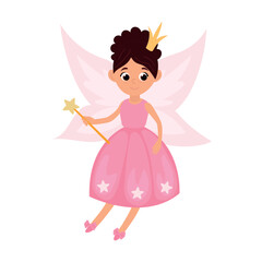 Cute beautiful fairy with a magic wand on a white isolated background