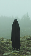 A mysterious figure shrouded in black stands against a misty forest backdrop.