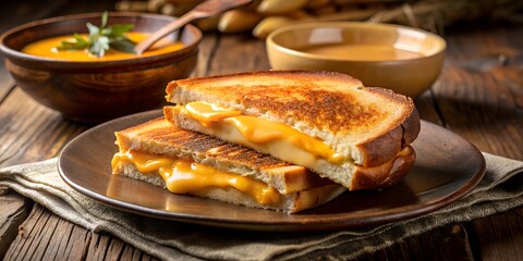 Grilled Cheese Sandwich Served with Hot Soup in Rustic Setting for a Cozy Comfort Meal


