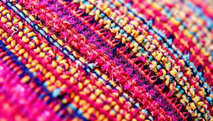 Vibrant Macro Photo of Woven Textile Fabric with Bright Colors and Detailed Stitching, Close-Up of Intricate Handcrafted Material Texture