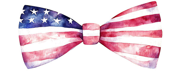 A colorful bow tie featuring the design of the USA flag, prominently showcasing stars and stripes in red, white, and blue