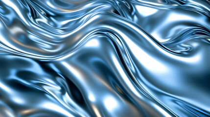 Abstract 3D Render of  Wavy, Flowing,  Metallic Blue Fabric, Creating a Textured, Shiny, and Reflective Surface