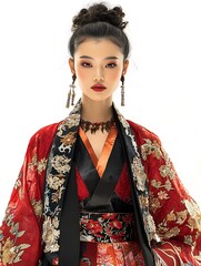 Elegant Asian Woman in Traditional Red and Gold Kimono with a Serene Expression.