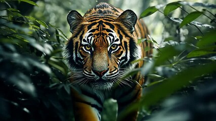 A tiger walks through the lush green foliage of a tropical forest, its intense gaze fixed on the camera