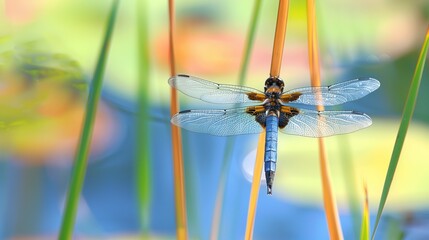 A solitary dragonfly on a reed.