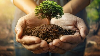 Tree Growing in Hands Symbolizing Growth and Care for Nature
