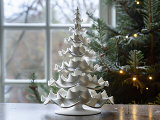 A 3D printed futuristic Christmas tree stands elegantly, showcasing its unique design against...