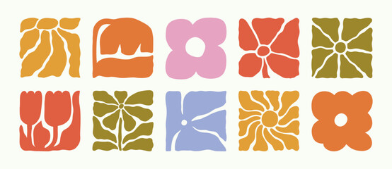 Abstract Flowers in Groovy Retro Style. Modern Floral Illustration. Vector Square Botanical Icons in Freehand Naive Art for Logo, Print, Pattern, Poster, Web Design
