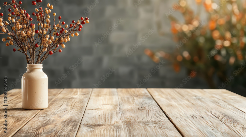Poster empty wooden table with blurred background for product display