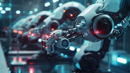Fototapeta premium AI Robots and Robotic Arms Working in Factory for Automated Manufacturing