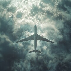 Naklejka premium Airplane Flying Through Stormy Skies, Aviation in Rough Weather