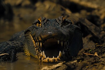 Obraz premium Close-up of a Crocodile's Open Mouth in a Swamp.