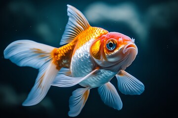 Fototapeta premium Close-up of a Beautiful Goldfish with Orange and White Scales.