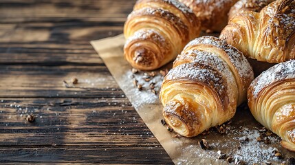 Freshly Baked Croissants with Powdered Sugar on Rustic Wooden Table