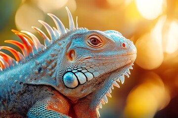 Fototapeta premium Close-up Portrait of a Green Iguana with a Blurry Bokeh Background.