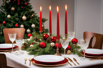Festive Christmas table setting. Quiet luxury in everything. Red, white, green, gold. Christmas mood, the anticipation of the holiday. Banner, wallpaper, postcard, background, social media post.