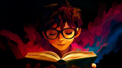 Young woman in glasses reading a book.