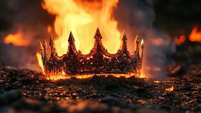 A golden crown sits on a bed of burning embers, surrounded by fire and smoke