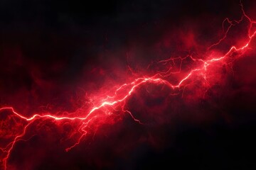 Bright red lightning flashing through dark stormy night sky background for design and illustration