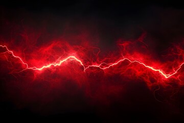 Dramatic red and black background of lightning striking through stormy clouds for energy, power, danger, electric concept