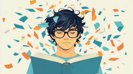 A young man with glasses reads a book, lost in its pages.