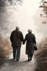 An elderly couple walks on the path home, Back, Grey, Cover 