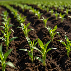 Corn seedlings in field green maize sprouts on agricultural plantation