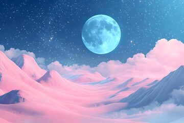 Surreal landscape background with pink mountains under glowing blue moon and a starry sky