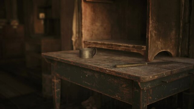 A rustic wooden table sits in a dimly lit room, featuring a metal mug resting on its surface while an empty cupboard looms above, adding an air of simplicity and nostalgia.