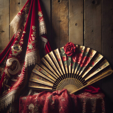 Arte y cultura espa&ntilde;ola. Hermoso abanico con motivo floral y folcl&oacute;rico sobre mantilla de terciopelo rojo. Ilustraci&oacute;n