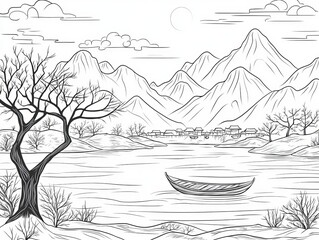 Naklejka premium Black and white line art of serene mountains in shades of celadon, a tranquil lake, autumn barren trees, thin mist, a lone boat, a distant village under a setting sun, and a cold breeze, in the style 
