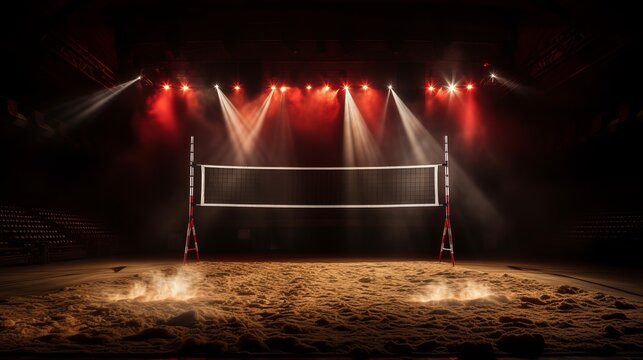 Indoor sand volleyball court illuminated by dramatic lights during a nighttime event
