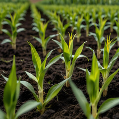 Corn seedlings in field green maize sprouts on agricultural plantation