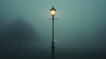 A solitary lamppost in a foggy park.