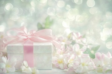 Fototapeta premium Dreamy floral gift box with pastel backdrop