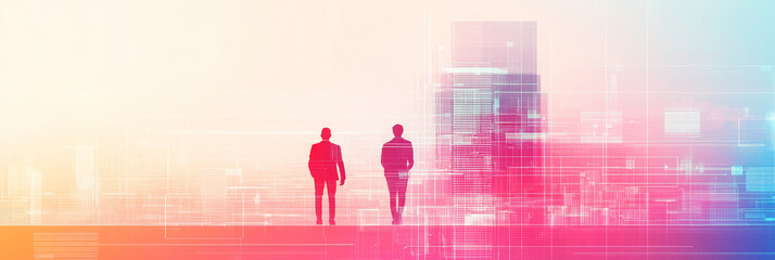 Fototapeta premium Two businessmen stand facing a digital city skyline.