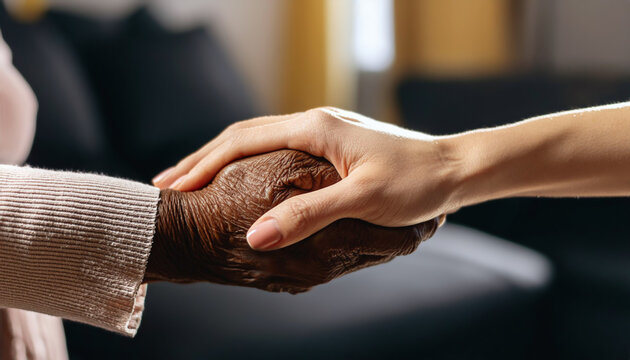 main de personne &acirc;g&eacute;e et jeune femme se tenant les mains, concept d'aide aux s&eacute;niors 