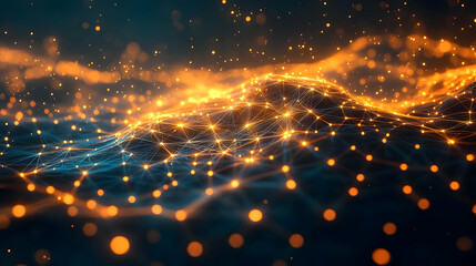 Fototapeta premium Abstract 3D Digital Network with Glowing Lights and Lines, Creating an Ethereal and Futuristic Landscape