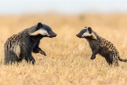 Two Young Honey Badgers Facing Each Other in a Field.