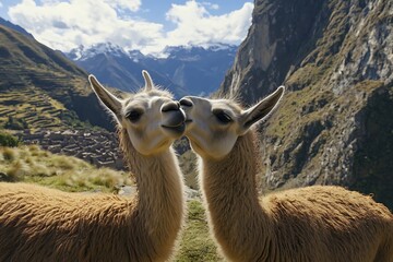 Two Llamas Share a Sweet Moment in the Andes Mountains.