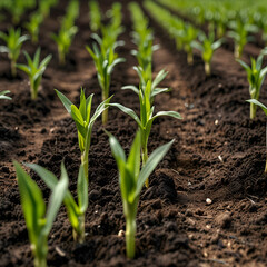 Corn seedlings in field green maize sprouts on agricultural plantation