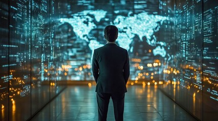 Businessman observing digital world map projection in high-tech data center
