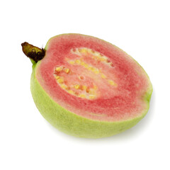 Guava is a tropical fruit with pink juicy flesh and a strong sweet aroma with leaf on a white background