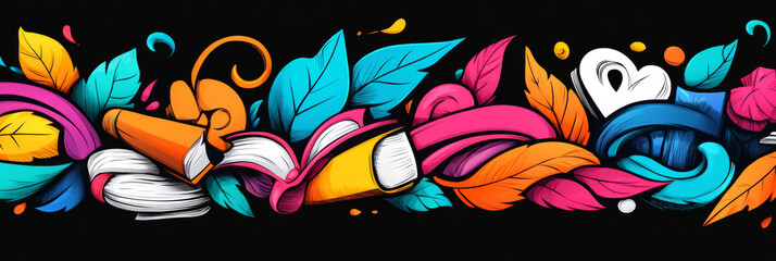 Colorful abstract illustration of books and leaves.