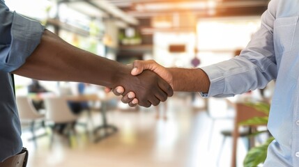 Two businessmen shaking hands in a modern office, symbolizing a successful merger and collaboration, professional handshake in corporate environment.