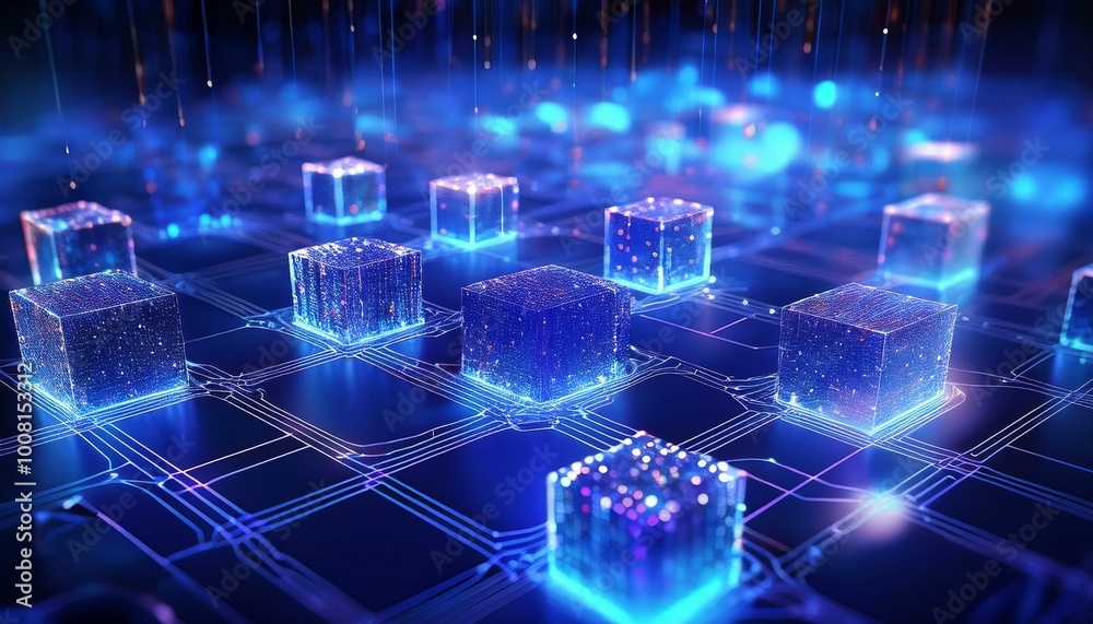 Poster Blockchain Network. Futuristic metaverse and blockchain technology network concept with digital cube blocks in glowing style on black background
