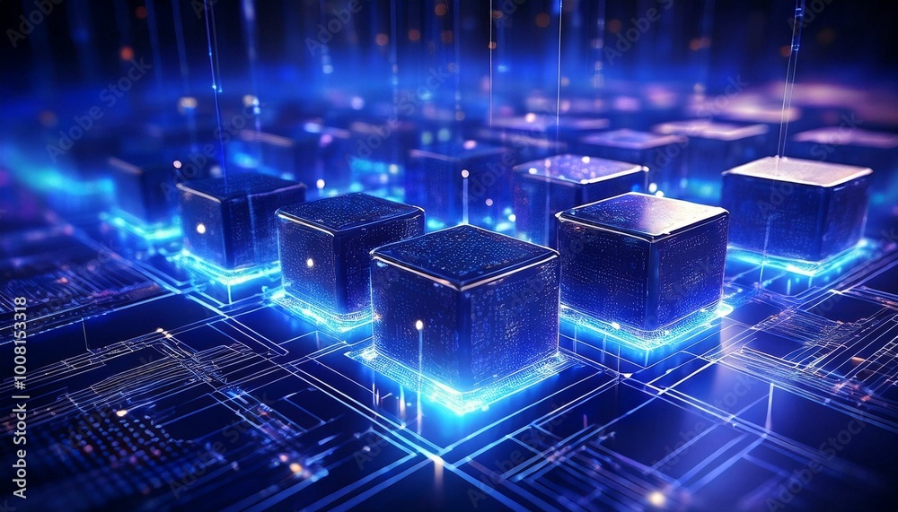 Poster Blockchain Network. Futuristic metaverse and blockchain technology network concept with digital cube blocks in glowing style on black background