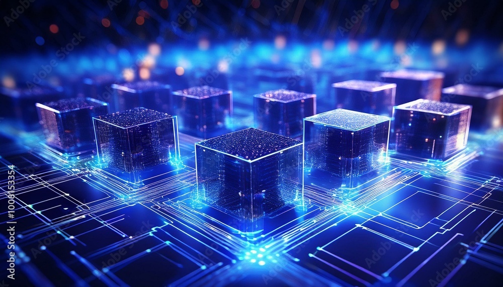 Poster Blockchain Network. Futuristic metaverse and blockchain technology network concept with digital cube blocks in glowing style on black background