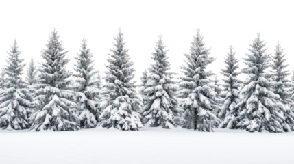 Winter landscape with pine trees covered in snow on white background