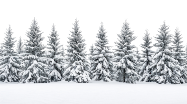 Winter landscape with pine trees covered in snow on white background